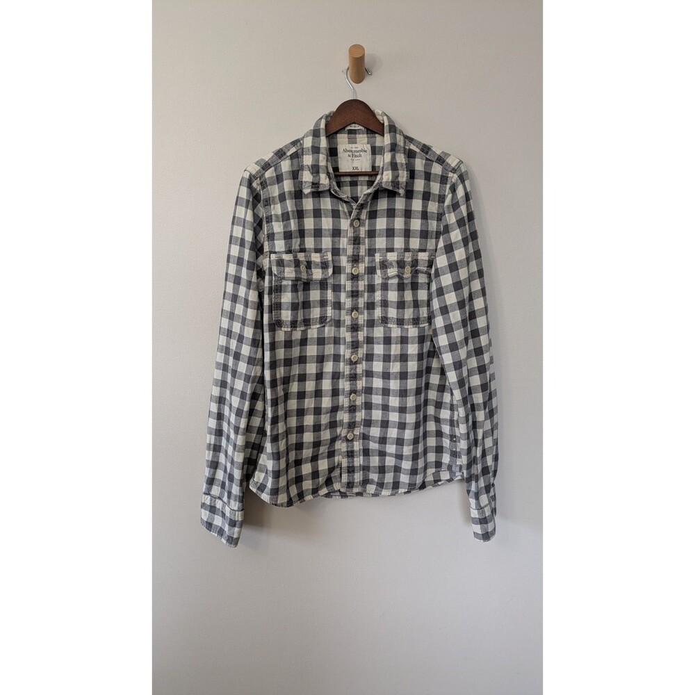 Abercrombie & Fitch Mens Flannel Shirt XXL Plaid Muscle Fit Button Black White